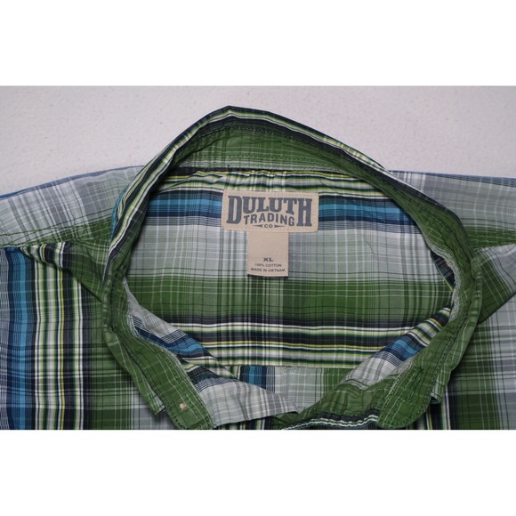 Duluth Trading Co Mens XL Plaid Short Sleeve Button Down Shirt Green Blue Cotton - Picture 3 of 4